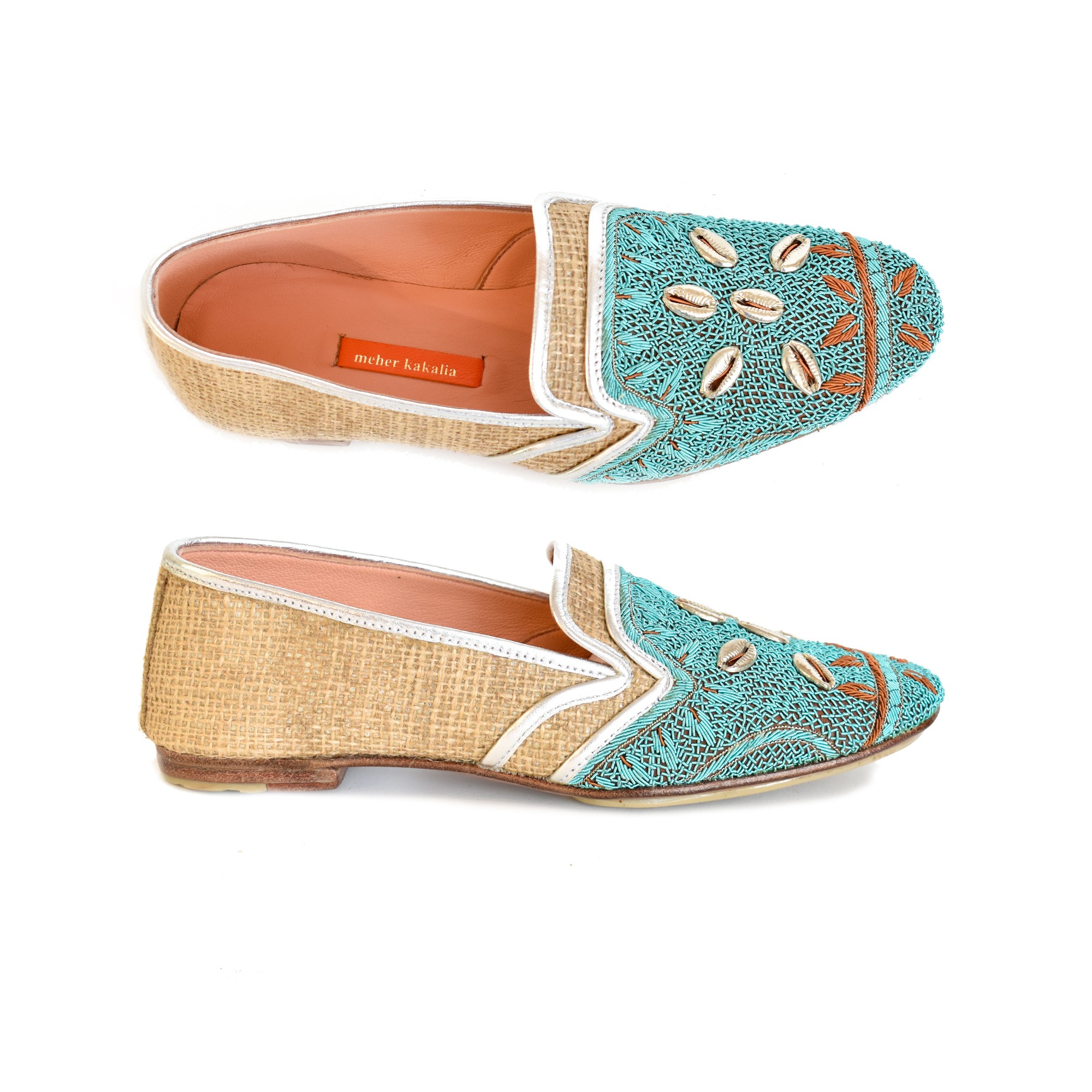 Meher Kakalia Embroidered jute shoes by Meher Kakalia with real shells – chic flats for resort lounging or luxurious indoor wear