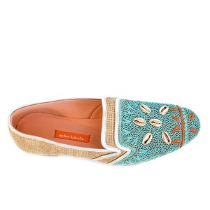 Meher Kakalia jute moccasins with dapka embroidery and cowrie shells, ideal as elegant house shoes or for summer wear