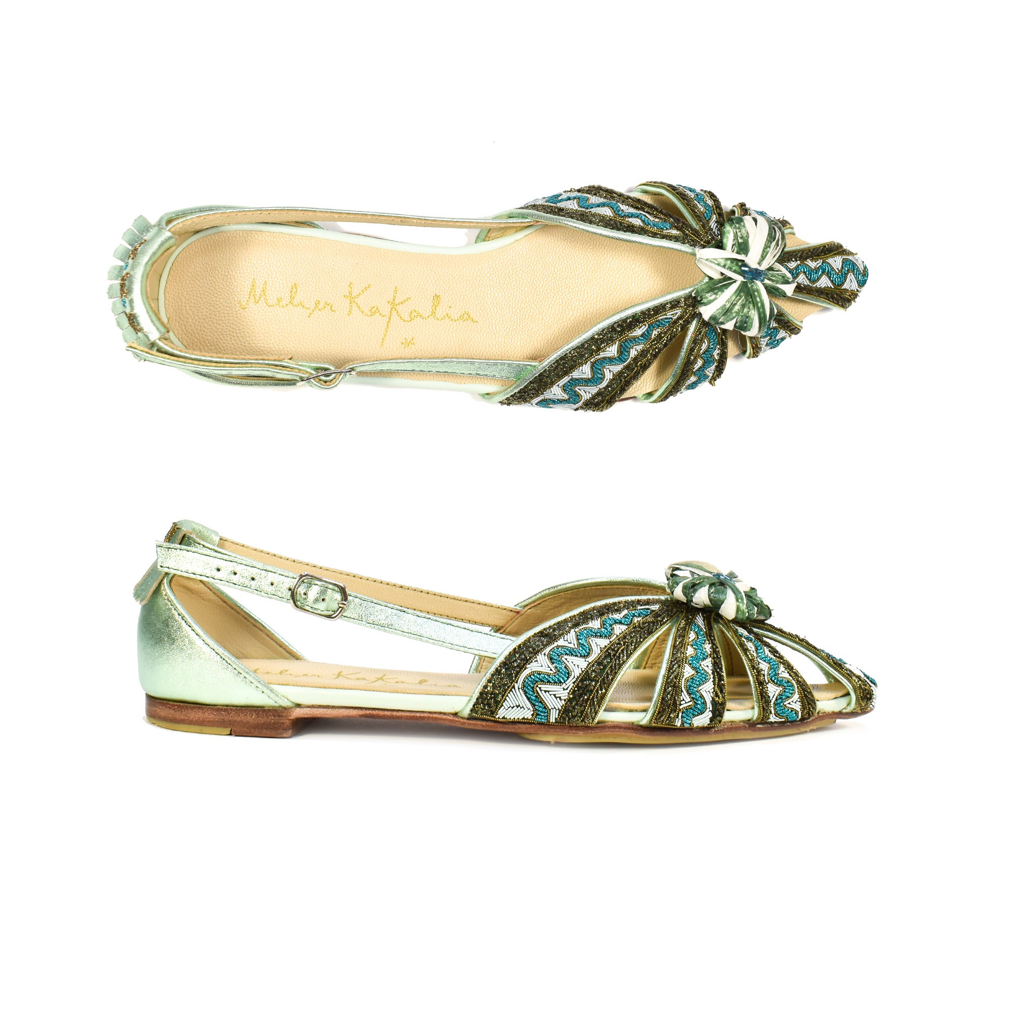 Meher Kakalia Meher Kakalia QUEEN DORIS SLINGBACK td blue beige-ditta | Luxury Hand-Embroidered Flat