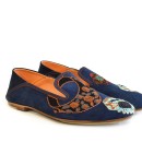 Meher KakaliaAngled pair of Meher Kakalia Viti Moccasins with asymmetrical embroidered motifs.