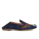 Meher KakaliaSide view of navy suede Meher Kakalia Viti Moccasin showing handcrafted embellishment.