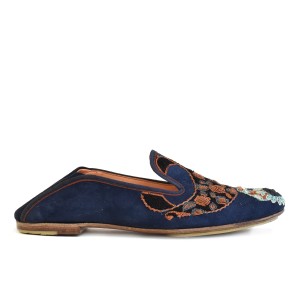 Side view of navy suede Meher Kakalia Viti Moccasin showing handcrafted embellishment.