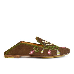 Profile view of Meher Kakalia Jewel Moccasin worn as babouche, handcrafted in atelier