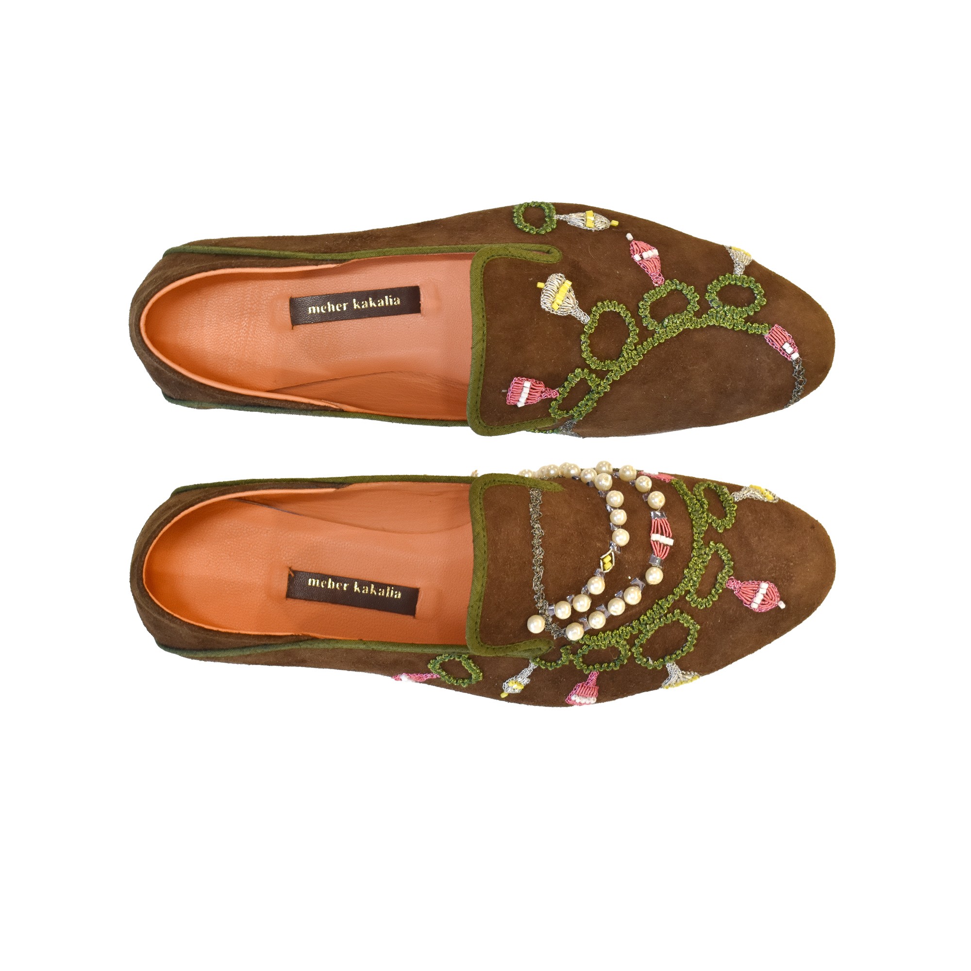 Meher Kakalia Meher Kakalia Jewel Moccasin – embroidered suede loafers with beads and pearls, top view