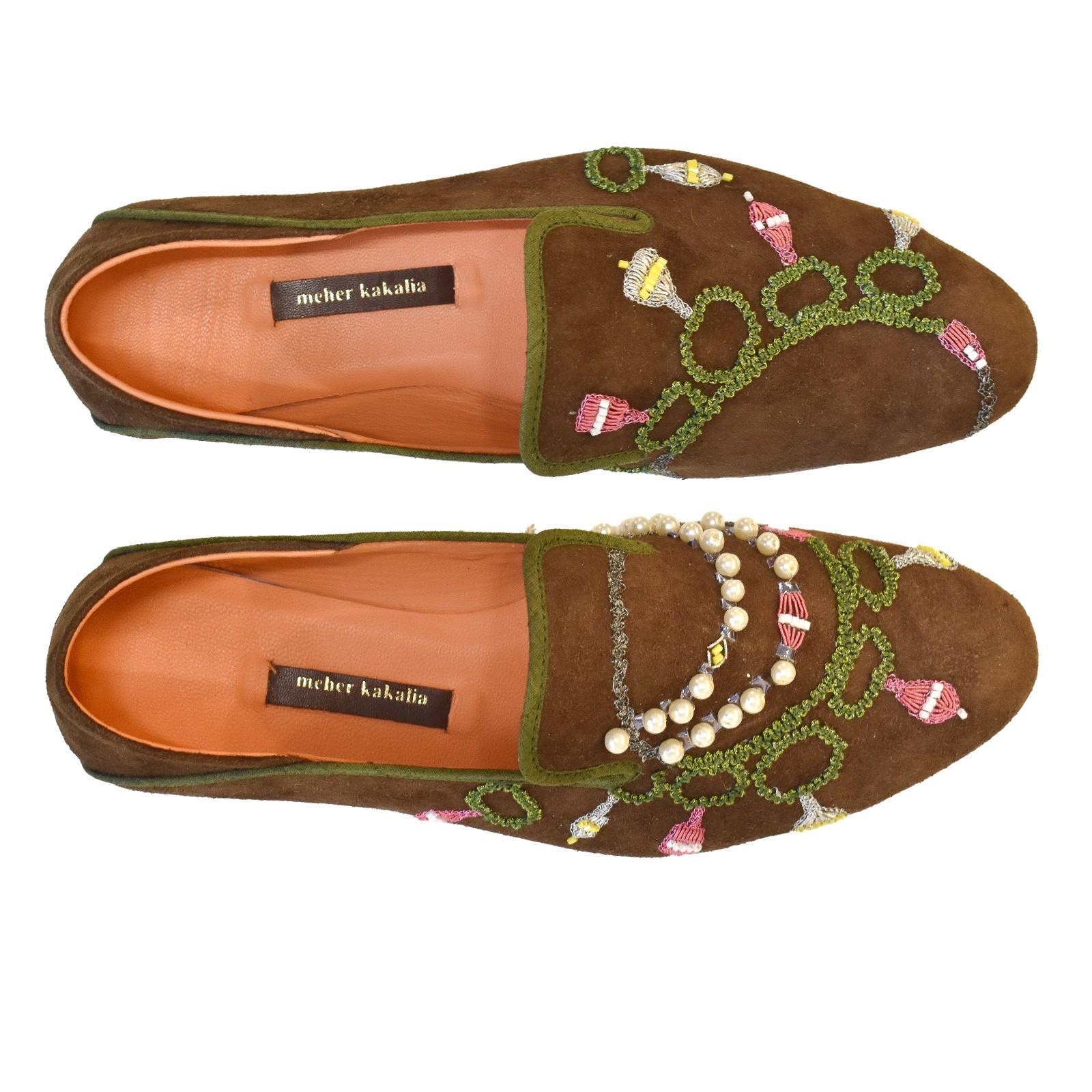 Meher Kakalia Jewel Moccasin – embroidered suede loafers with beads and pearls, top view
