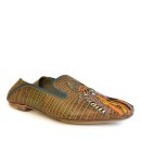 Meher KakaliaThree-quarter view of Meher Kakalia Luna Moccasin in camouflage tones with bead and ribbon embellishment.