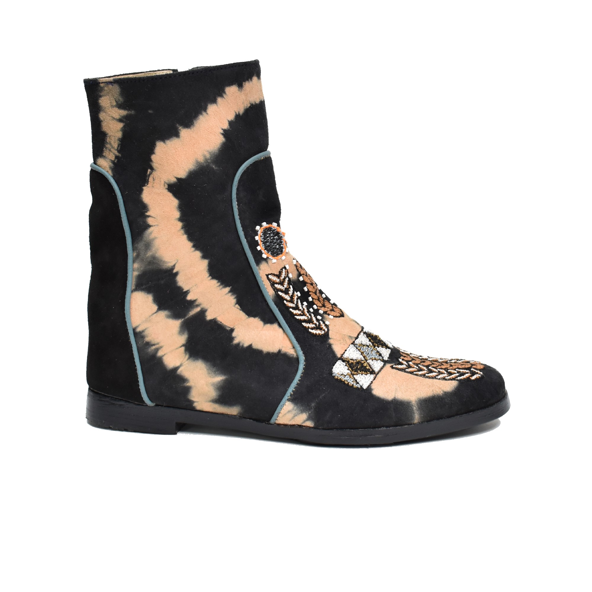 Meher Kakalia Kandy Wedge Boot – Tie-Dye Black Beige Suede with Hidden Heel