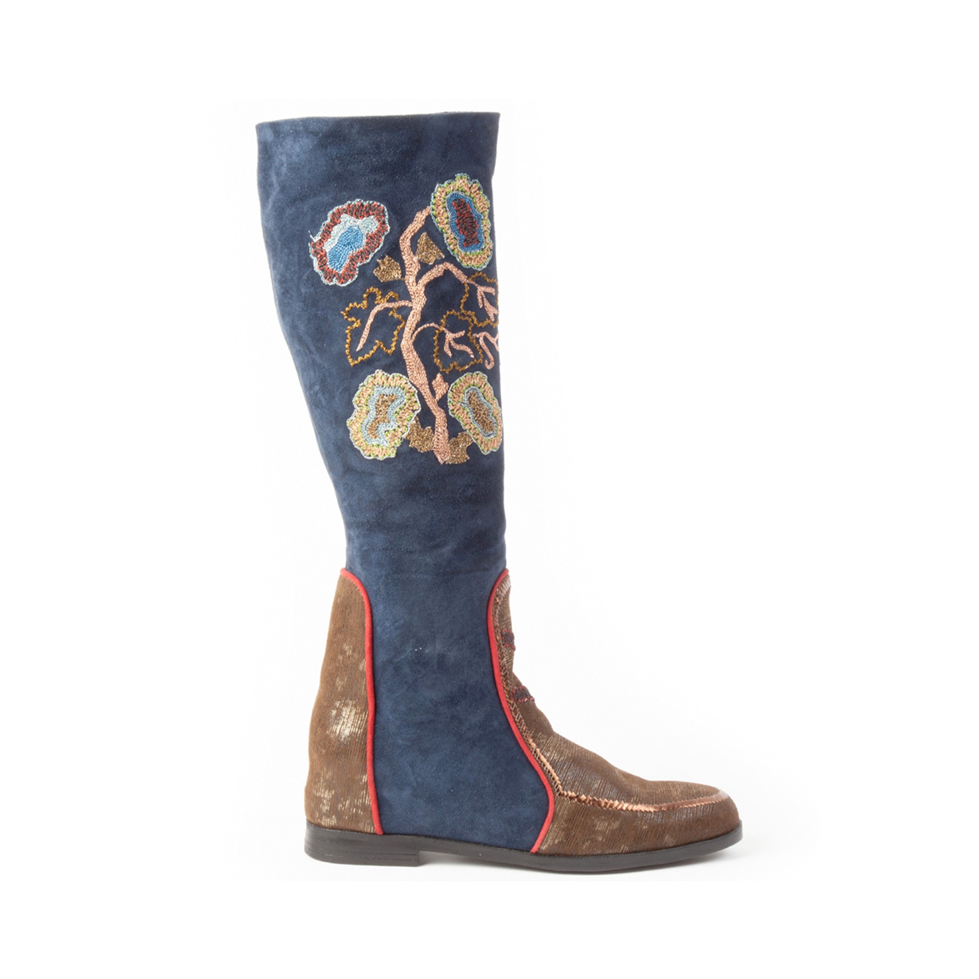 Meher Kakalia Tonya Boot – suede navy knee boots with hand embroidery and hidden wedge, side view