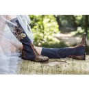 Meher KakaliaMeher Kakalia Tonya Boot in suede navy with hand-embroidered botanical motifs and hidden wedge heel.