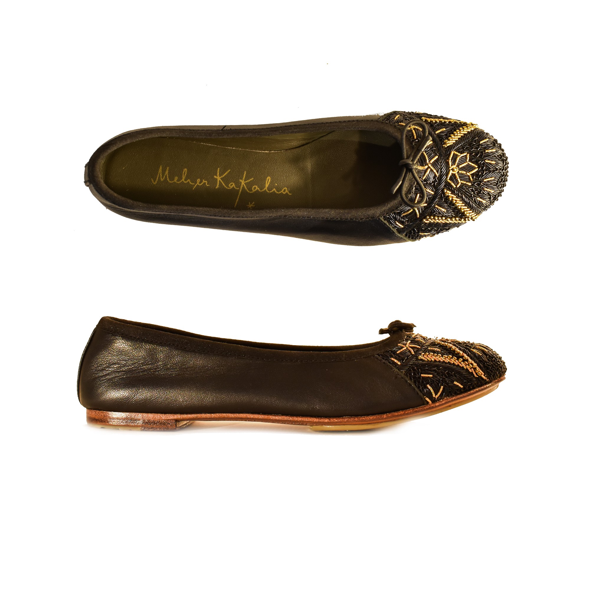 Meher Kakalia Black ballet flats by Meher Kakalia with black and gold embroidery and black trim.