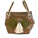 Meher KakaliaMeher Kakalia Bunny Bag in croc-embossed army leather with hand-embroidered green panels and white tassels.