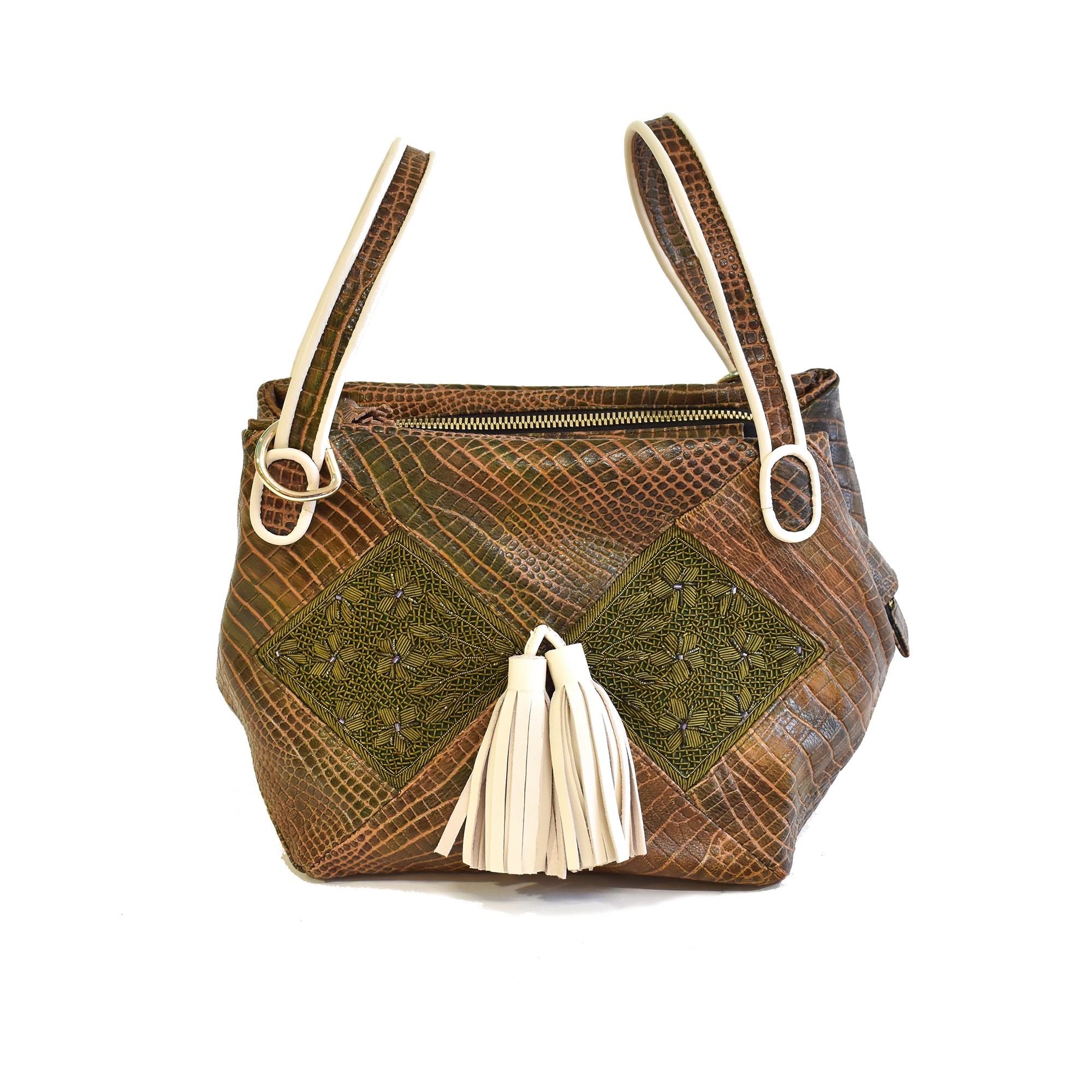 Meher Kakalia Meher Kakalia Bunny Bag in croc-embossed army leather with hand-embroidered green panels and white tassels.