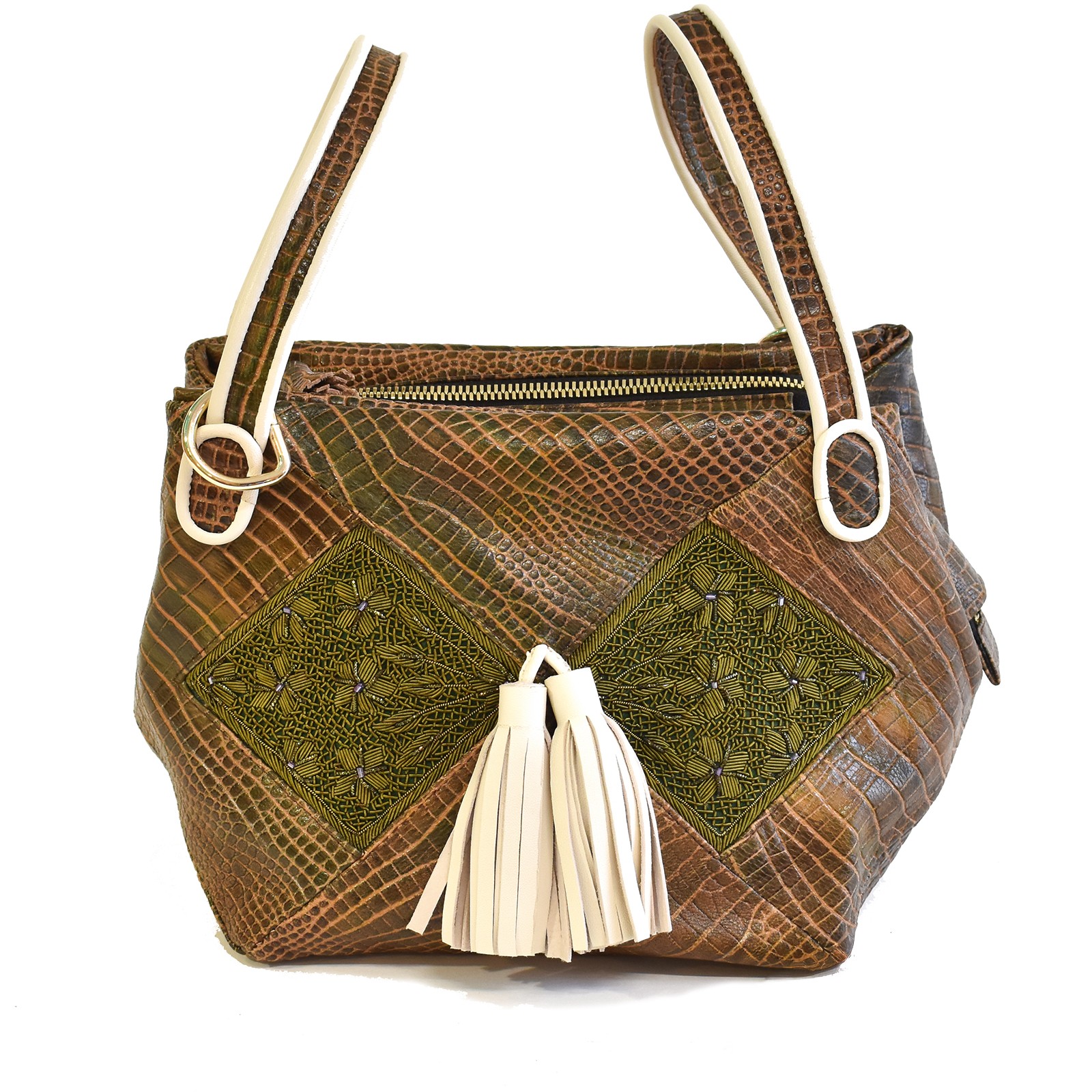 Meher Kakalia Bunny Bag in croc-embossed army leather with hand-embroidered green panels and white tassels.