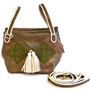 Meher Kakalia Bunny Bag in army croc leather with embroidered green squares and white tassels.