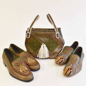 Meher Kakalia Bunny Bag in croc camouflage army leather paired with coordinating embroidered moccasins.
