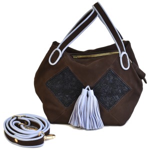 Nubuck brown Meher Kakalia Bunny Bag with embroidered panels and rope-blue detachable strap.