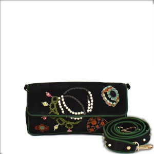 Sac Jewel Clutch noir Meher Kakalia avec bandoulière décorée, vue avant.