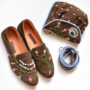 Jewel Accordion Bag in suede toffee paired with matching embroidered moccasins by Meher Kakalia.