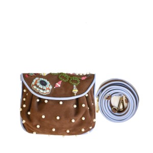 Meher Kakalia bags Meher Kakalia Jewel Accordion Bag in suede toffee with hand embroidery and pearl-finish bead detailing.