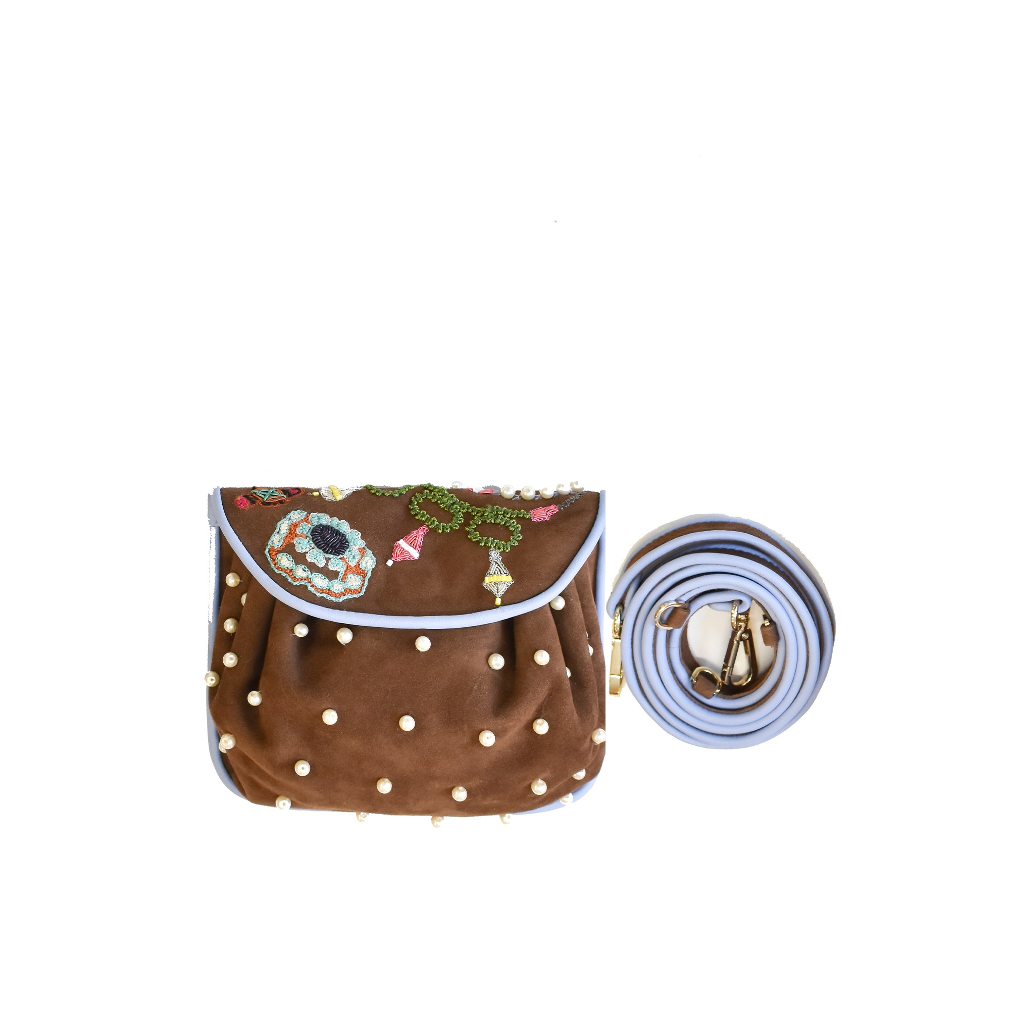 Meher Kakalia Meher Kakalia Jewel Accordion Bag in suede toffee with hand embroidery and pearl-finish bead detailing.