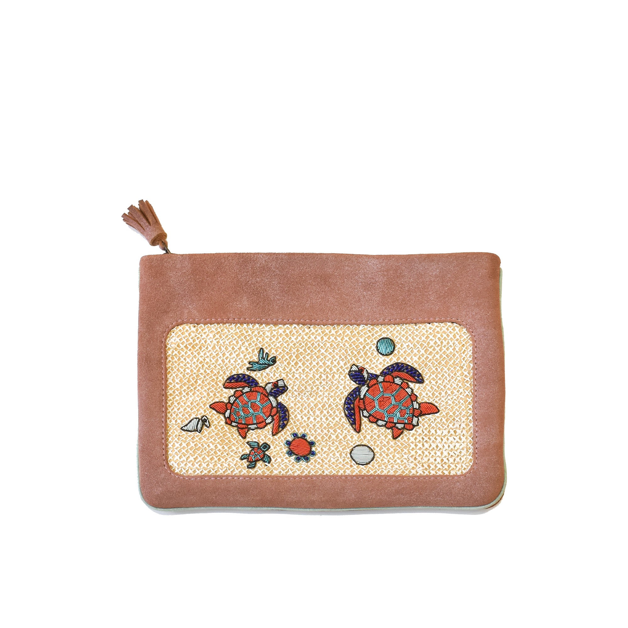 Meher Kakalia Darwin Pochette in shiny copper peach with embroidered turtle motif