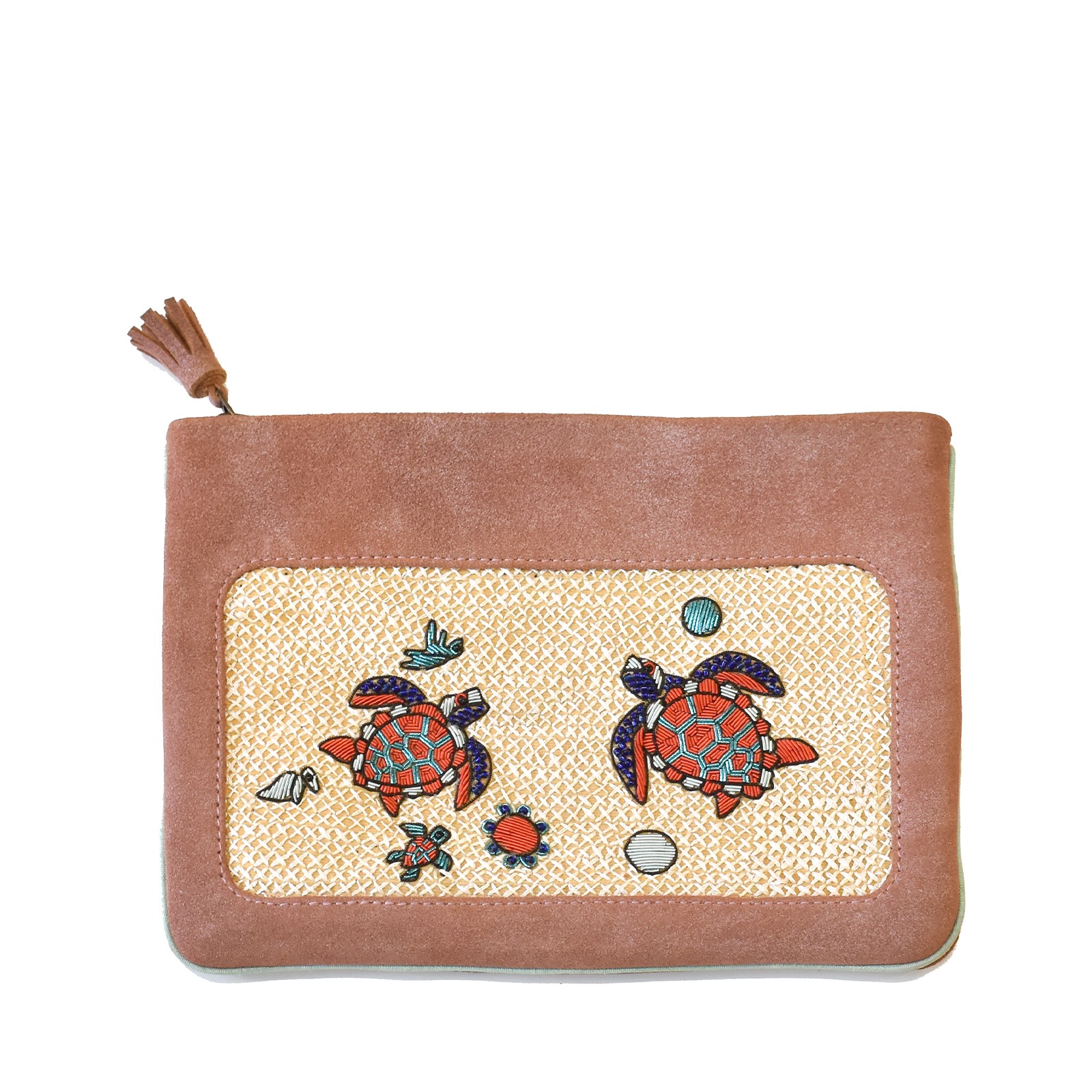 Darwin Pochette in shiny copper peach with embroidered turtle motif
