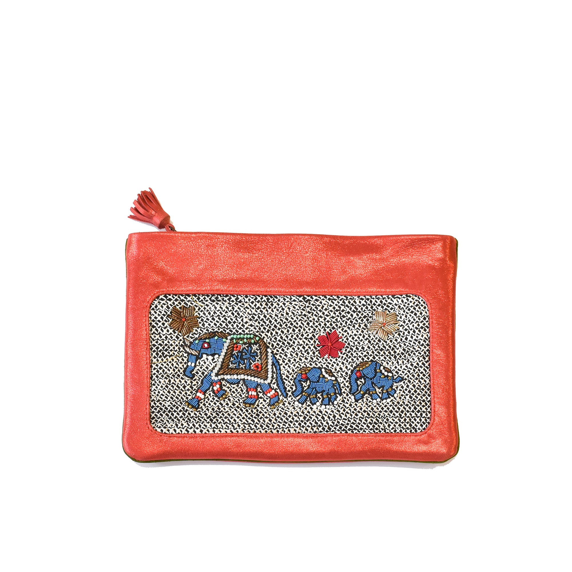 Meher Kakalia Limited-edition coral leather pochette with blue elephant embroidery by Meher Kakalia (online exclusive)
