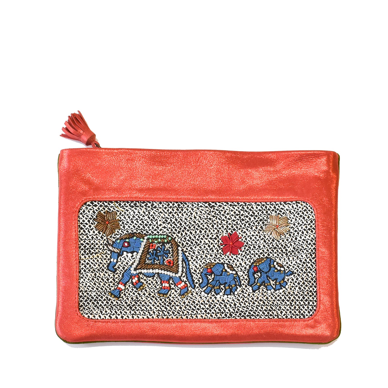 Limited-edition coral leather pochette with blue elephant embroidery by Meher Kakalia (online exclusive)