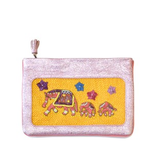 Meher Kakalia e-shop Limited-edition bubblegum leather pochette with ochre elephant embroidery (online exclusive)