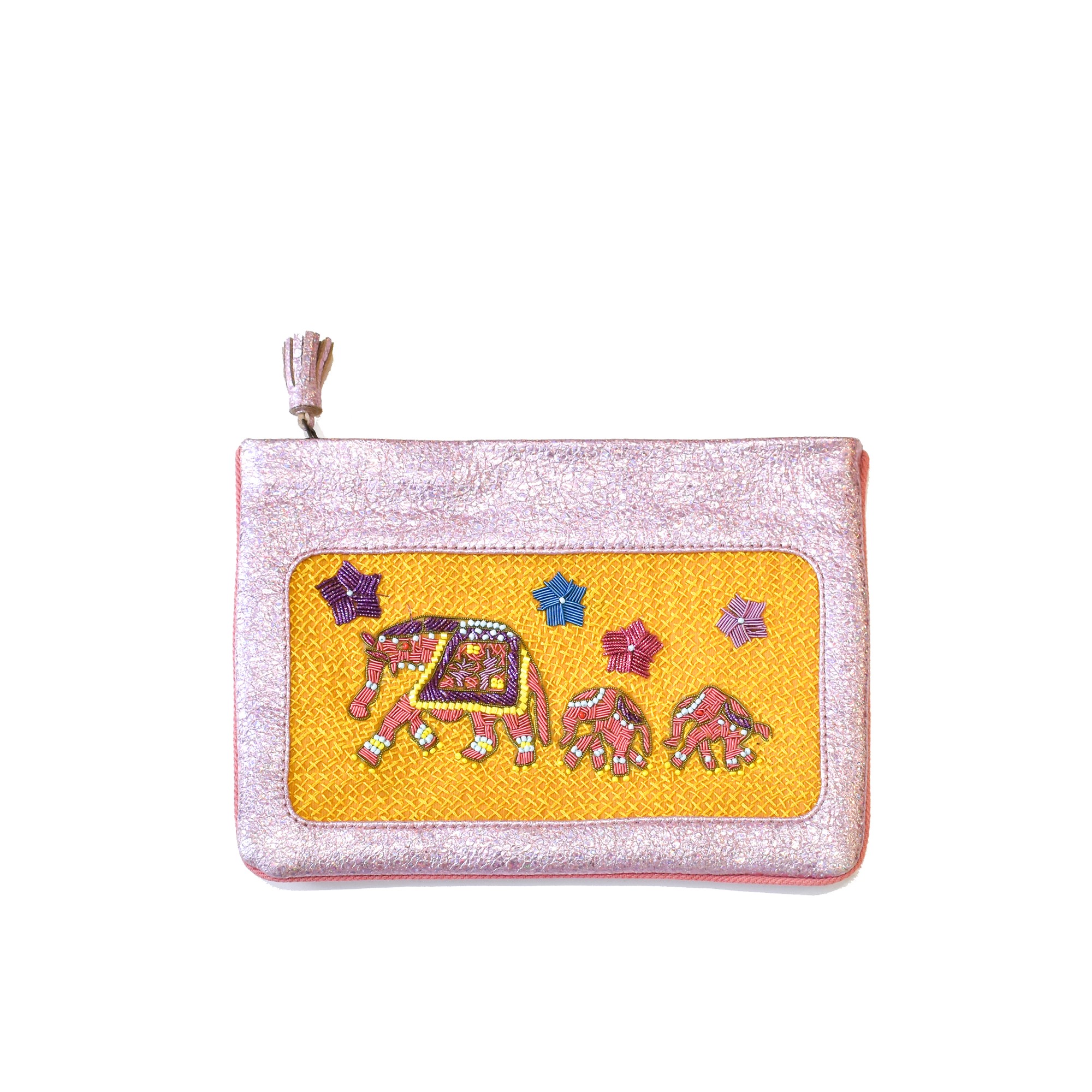 Meher Kakalia Limited-edition bubblegum leather pochette with ochre elephant embroidery (online exclusive)