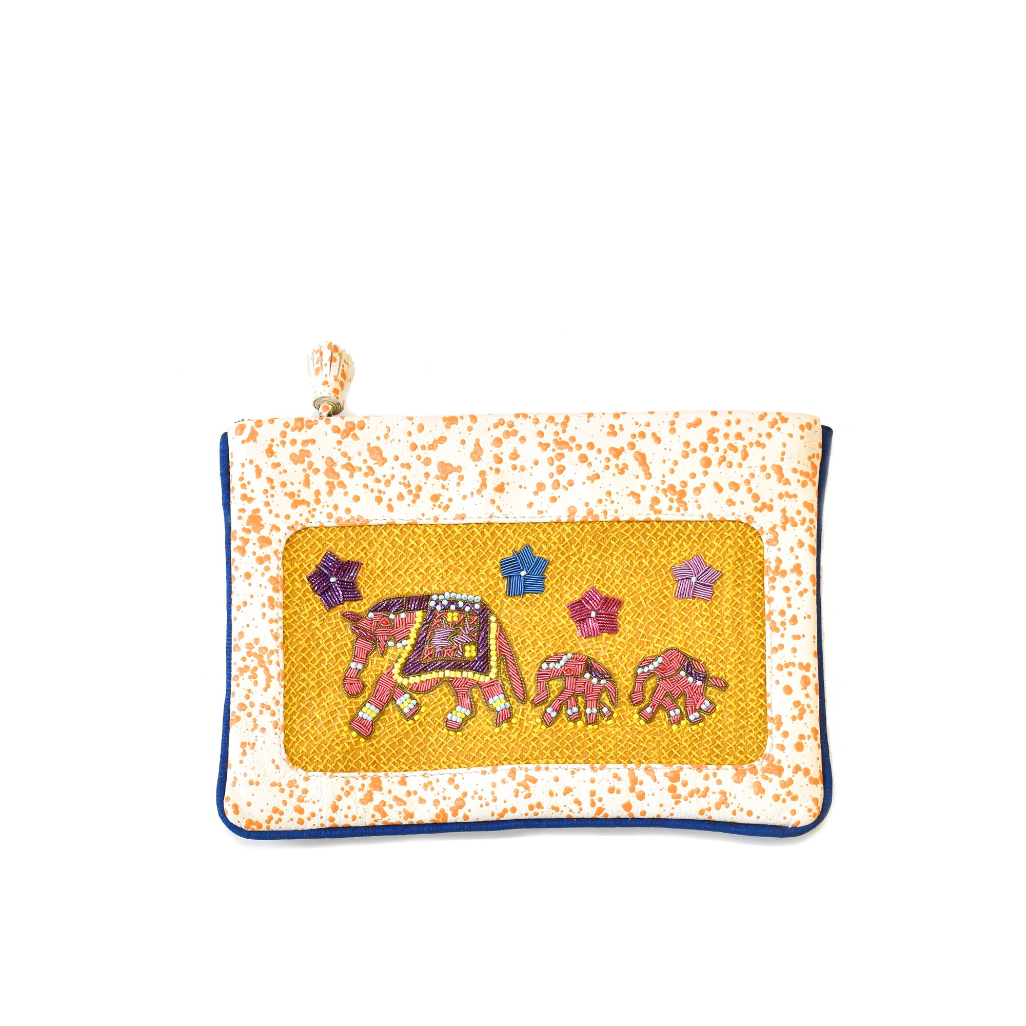 Meher Kakalia Limited-edition splatter-print leather pochette with ochre elephant embroidery (online exclusive)