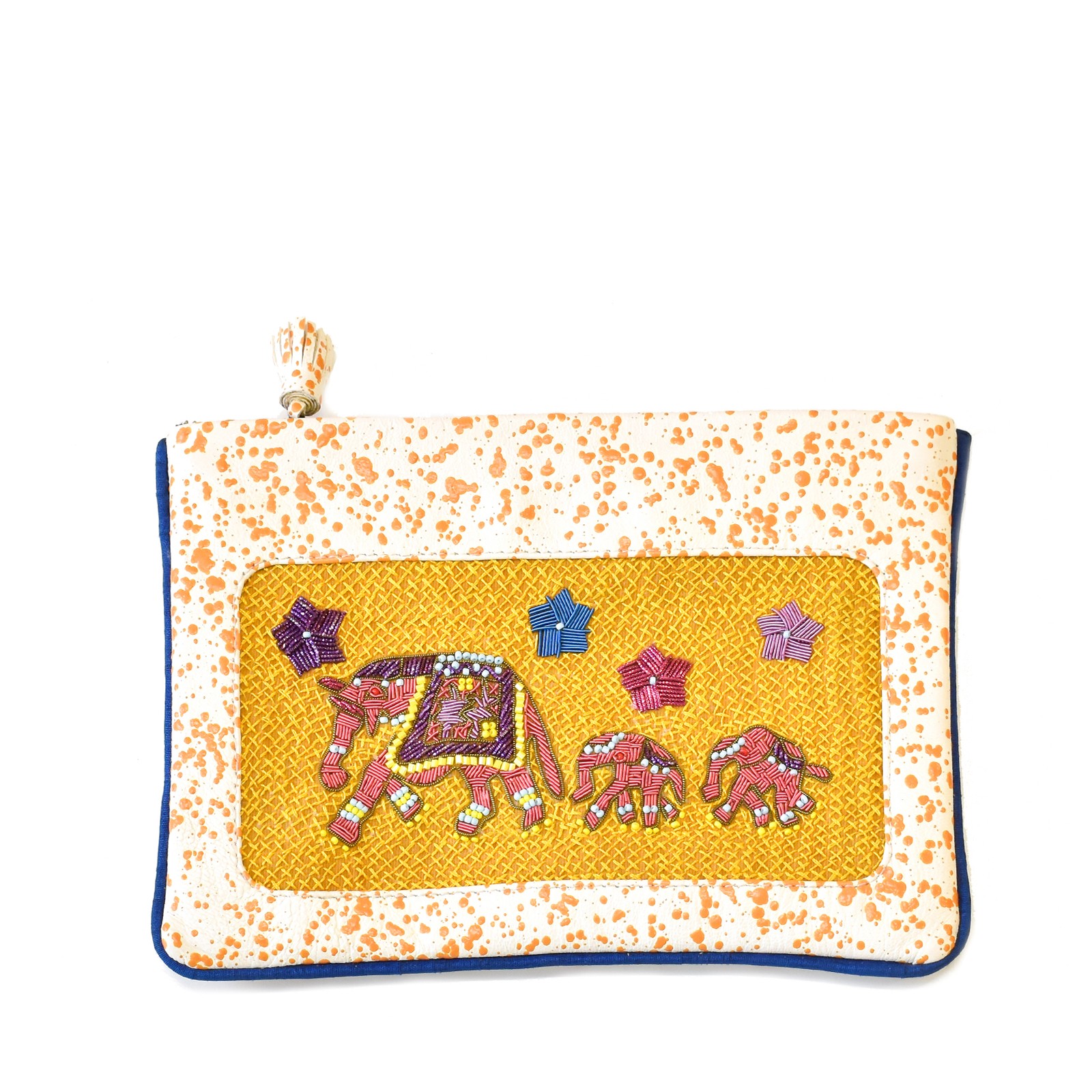 Limited-edition splatter-print leather pochette with ochre elephant embroidery (online exclusive)