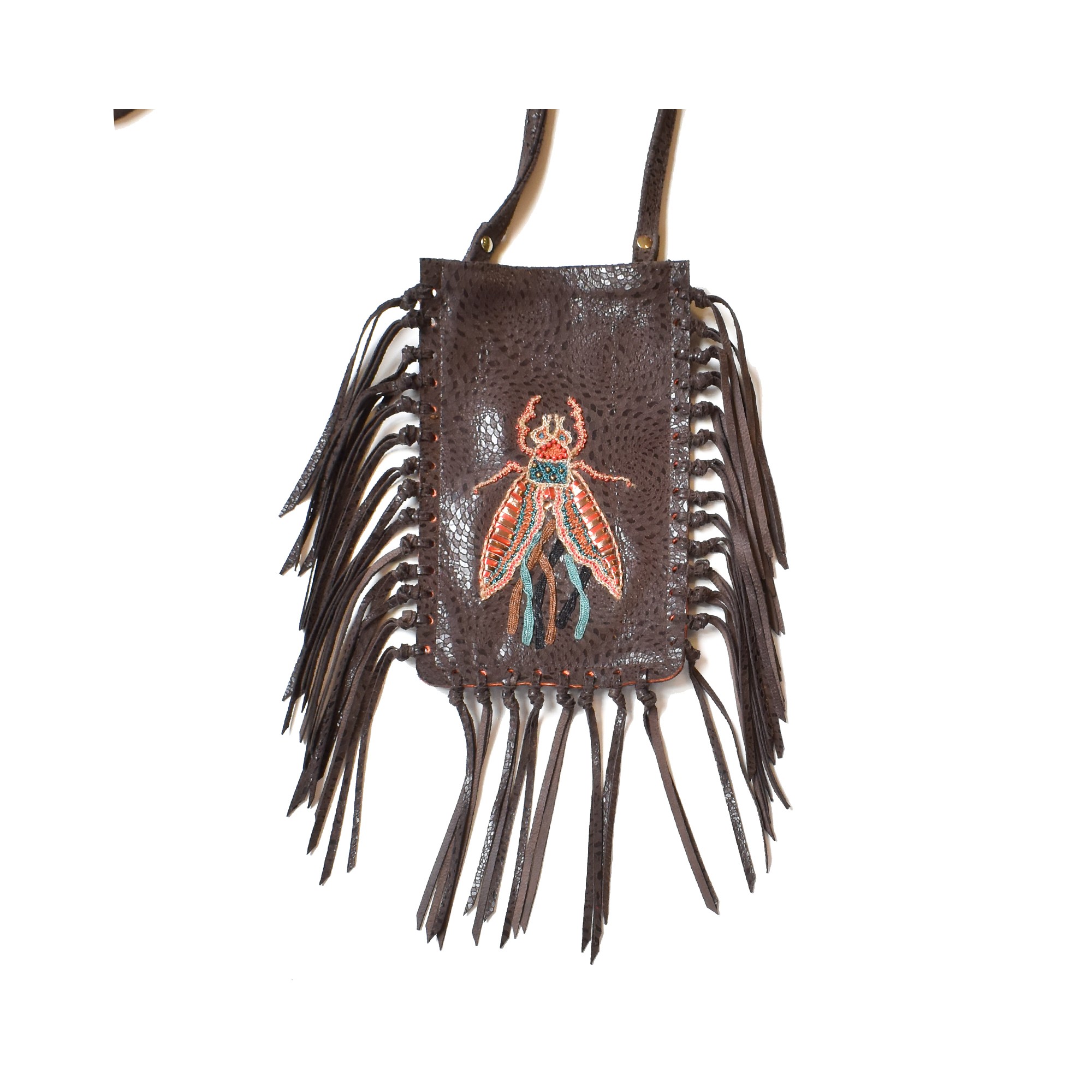 Meher Kakalia Limited-edition dark brown fringe phone bag with embroidered insect motif (online exclusive)