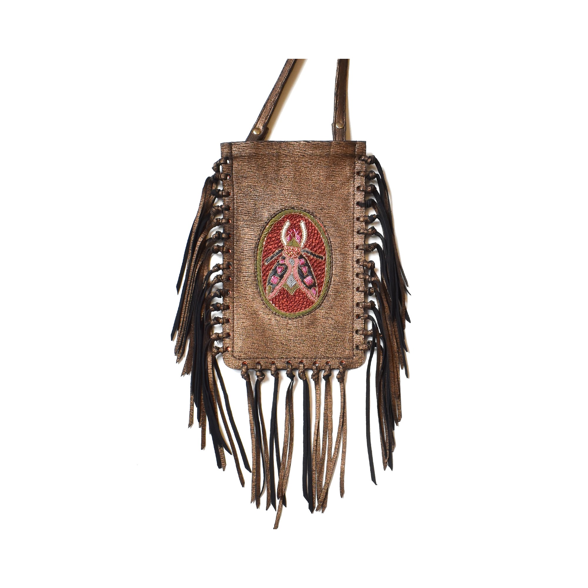 Meher Kakalia Limited-edition plush copper fringe phone bag with embroidered insect motif (online exclusive)