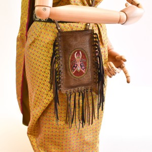 Copper-tone leather fringe phone bag made from small leftover stock with insect embroidery