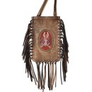 Meher KakaliaSide view of the limited-edition copper fringe phone bag with long leather fringes