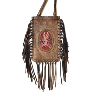 Side view of the limited-edition copper fringe phone bag with long leather fringes