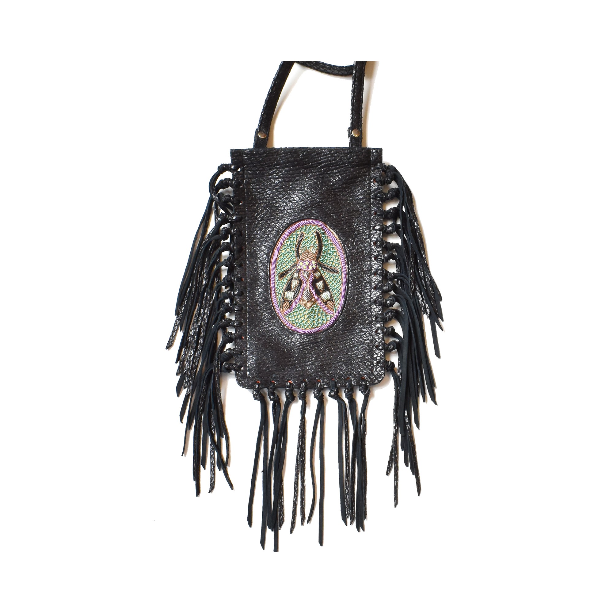 Meher Kakalia Limited-edition magma black fringe phone bag with embroidered insect motif (online exclusive)