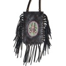 Meher KakaliaBlack leather fringe phone bag made from small leftover stock with insect embroidery