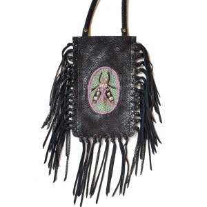 Black leather fringe phone bag made from small leftover stock with insect embroidery