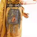 Meher KakaliaGrey leather fringe phone bag made from small leftover stock with insect embroidery