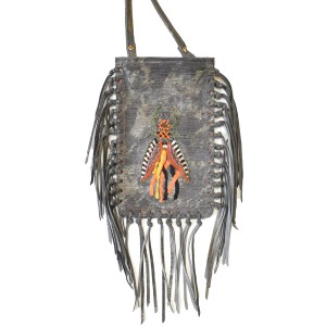 Meher Kakalia e-shop Limited-edition comet grey leather fringe phone bag with embroidered insect motif (online exclusive)
