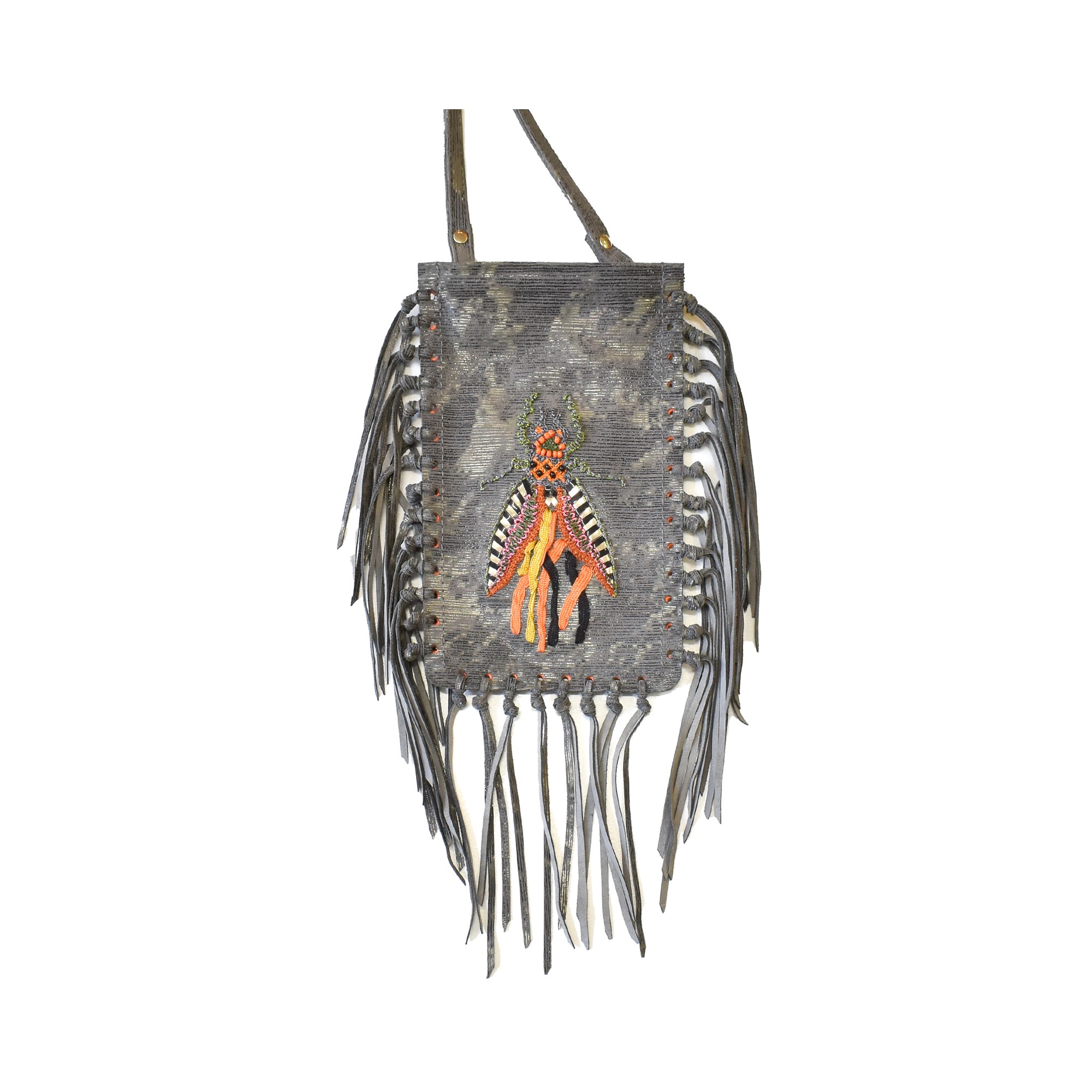 Meher Kakalia Limited-edition comet grey leather fringe phone bag with embroidered insect motif (online exclusive)