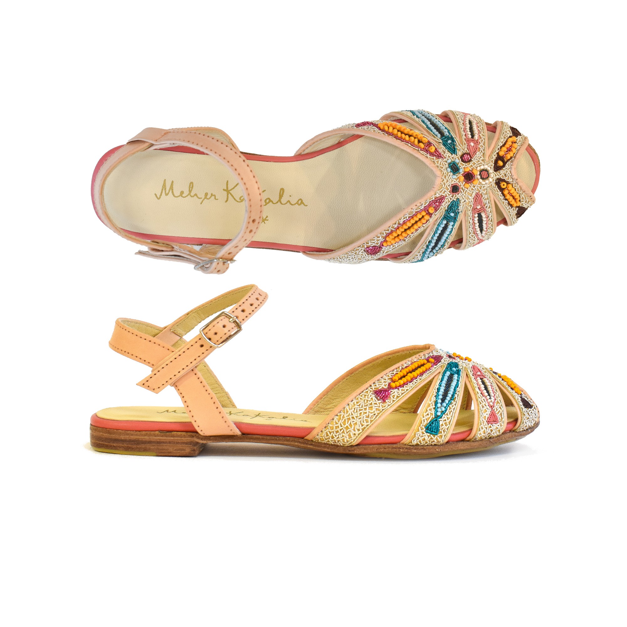 Meher Kakalia Meher Kakalia’s Queen Tavira sandals are handcrafted with fish-like embroidery, ideal for resort wear and summer vacations.