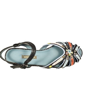 Handmade TAVIRA SANDAL magma black with fish embroidery and snake-effect leather – perfect for a summer resort look.