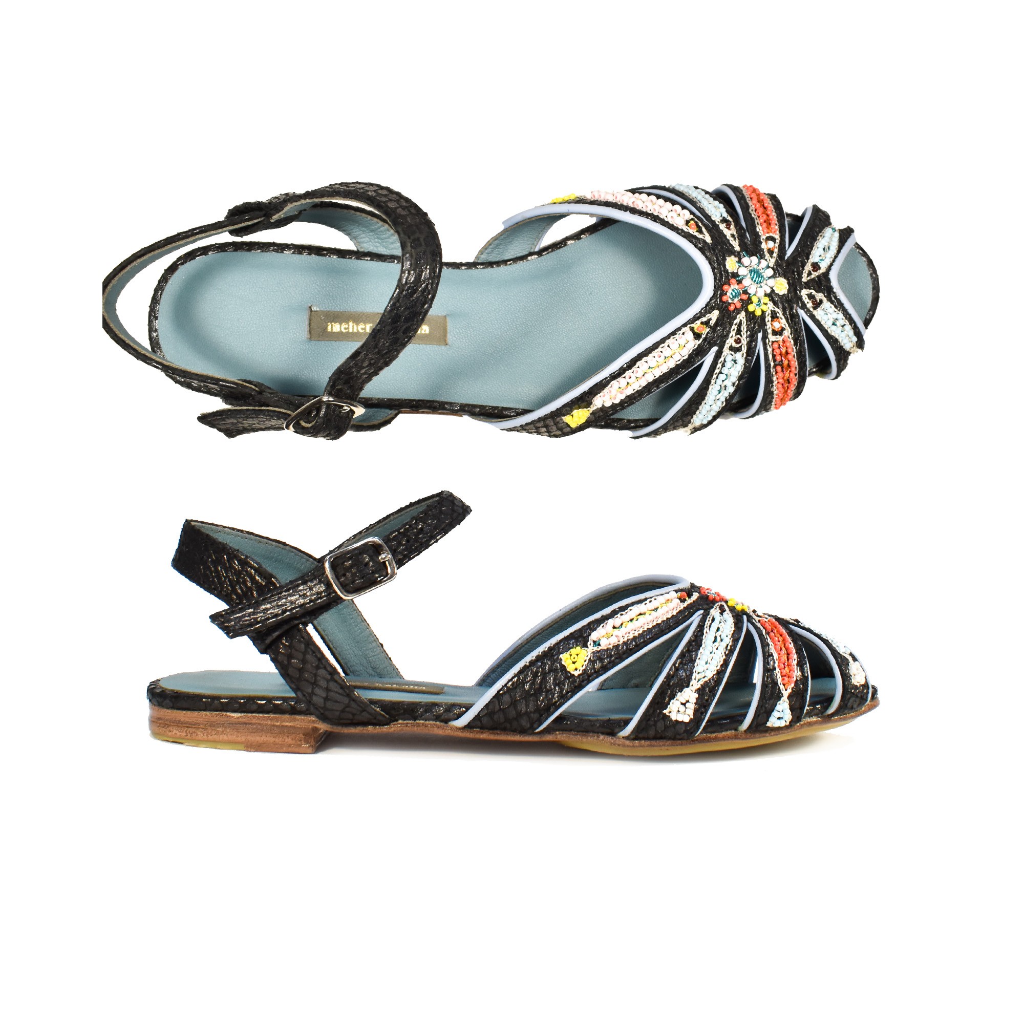 Meher Kakalia Meher Kakalia sandals, hand embroidered with fish motifs in black, perfect for your next summer getaway.