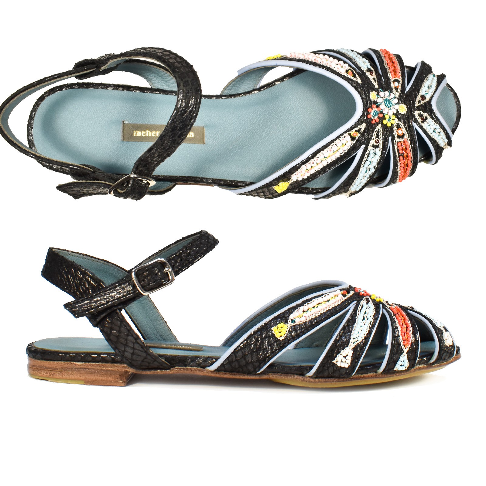 Meher Kakalia sandals, hand embroidered with fish motifs in black, perfect for your next summer getaway.
