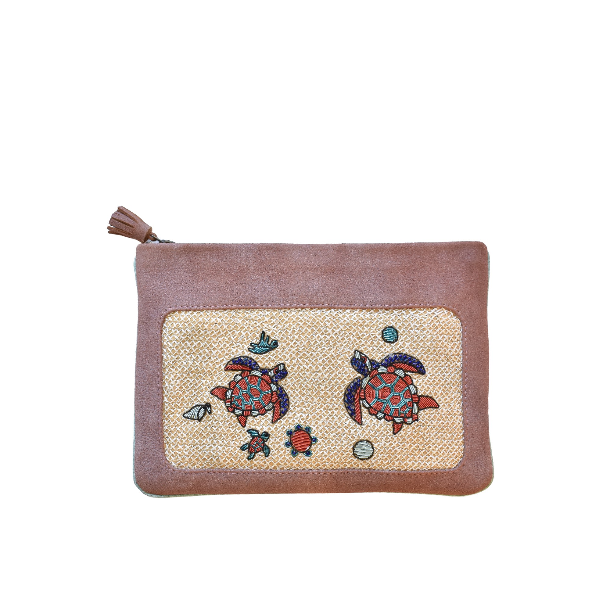Meher Kakalia Front view of copper peach Darwin Pochette with hand embroidery