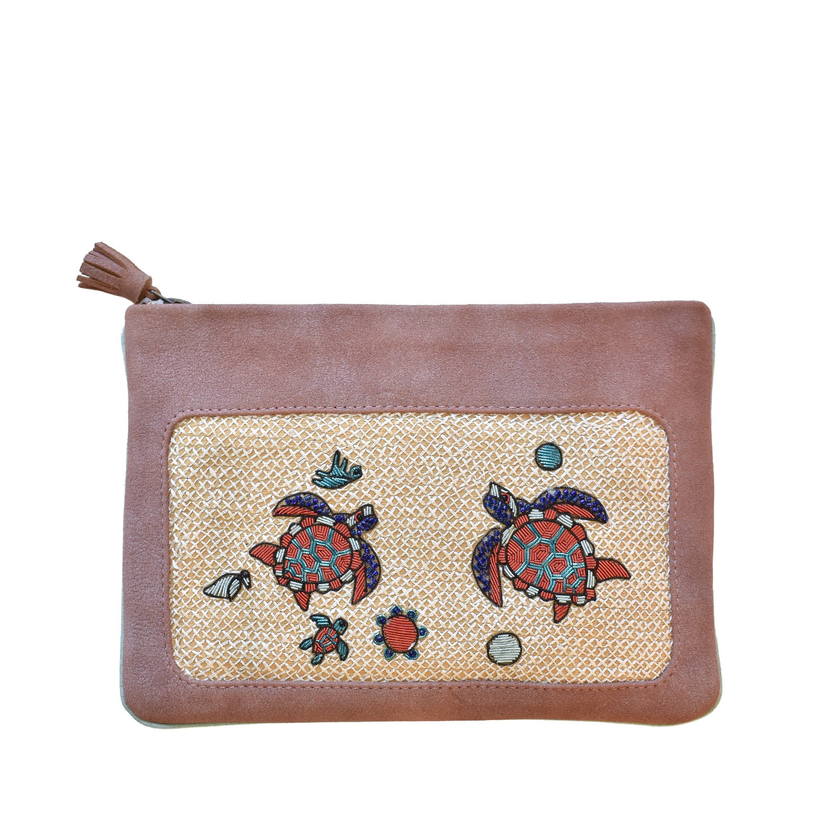 Front view of copper peach Darwin Pochette with hand embroidery