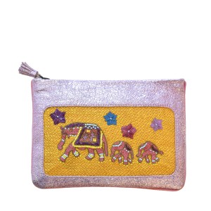 Meher Kakalia e-shop Limited-edition bubblegum leather pochette with ochre elephant embroidery (online exclusive)